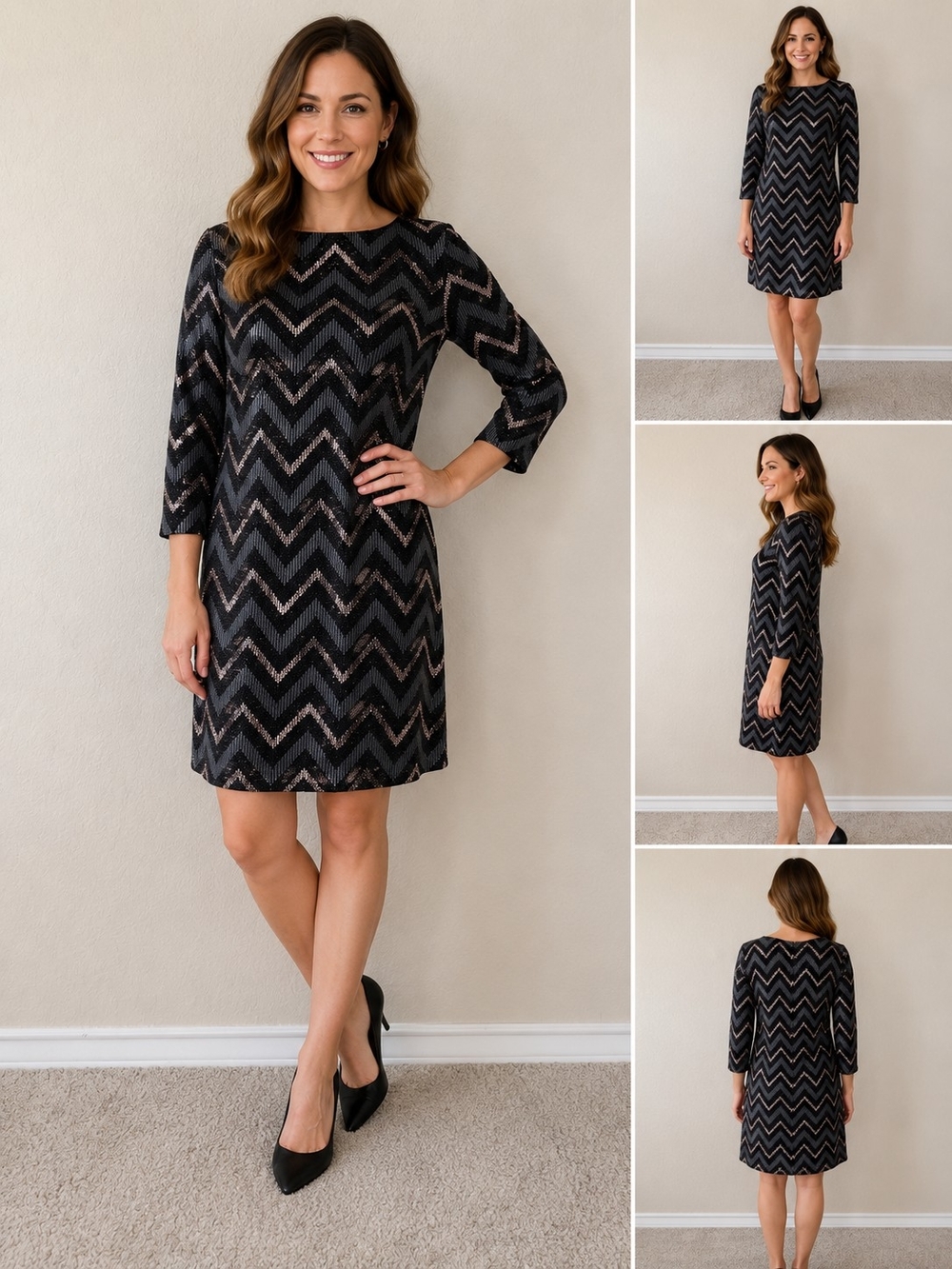 Studio One Women’s Metallic Chevron Shift Dress Size 14 Black Gray Lined Knit